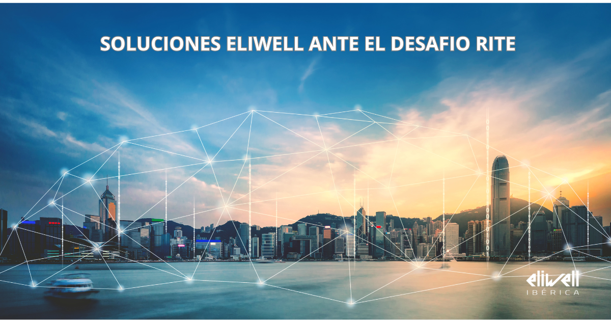 Photo of a city at dusk with lines wrapping around the image indicating interconnection. There is the Eliwell Ibérica logo in white in the lower right corner. At the top of the photo is a blank sentence that reads: "ELiwell solutions to the RITE" challenge.  